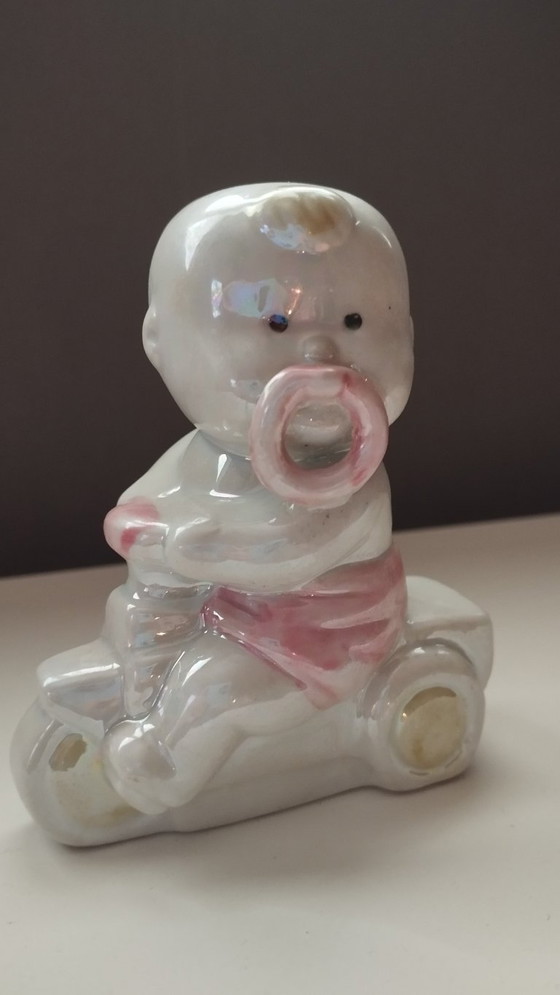 Image 1 of Mid-Century Lusterware Figurine – Baby on Tricycle – Davis & Freeman (Japan/USA)
