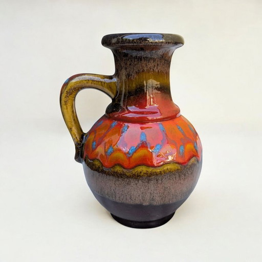 Vintage Mid-Century Krug, handbemalt, Braune Keramik mit roter & blauer Glasur, West Germany Stil, 60er Jahre Modellnr. 334-19