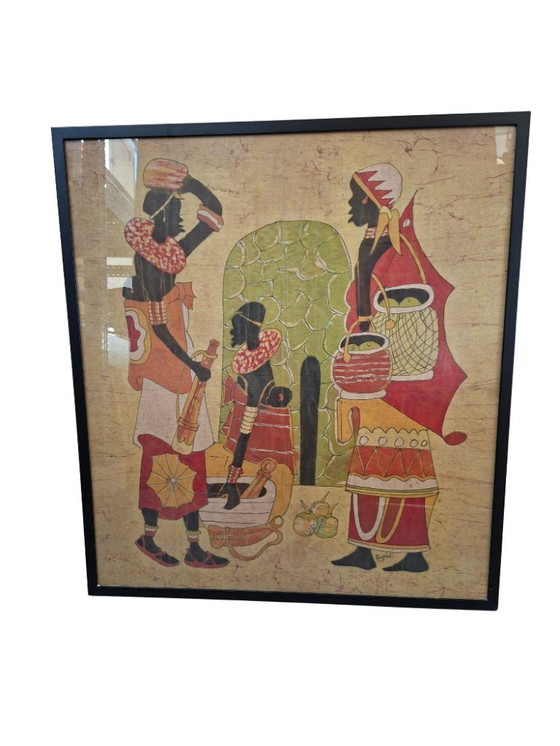 Image 1 of Groot origineel Afrikaans batikschilderij, gesigneerd "Hamidi", kunst op stof, 88 x 79 cm