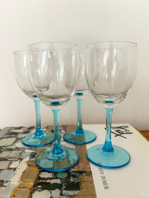 4x vintage wine glasses turquoise / light blue stem