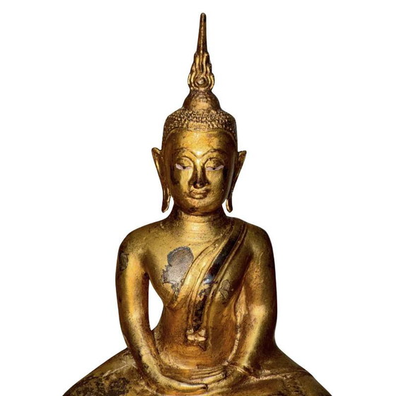 Buddha Lanna Antico – XVIII/XIX Secolo – Bronzo dorato a fuoco – 26 cm / 2 kg – Qualità museale – Sculture (photo 9 of 10)
