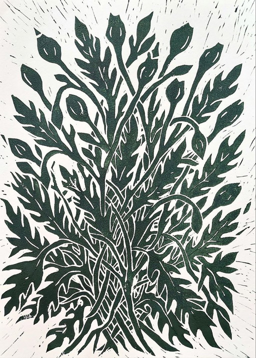 Poppy Leaves – A3 Botanical Linocut Print