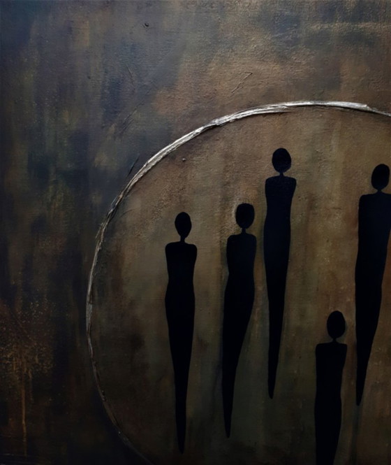 Image 1 of frances eckhardt - pintura figurativa 6 figuras oscuras 90x90 cm enmarcada