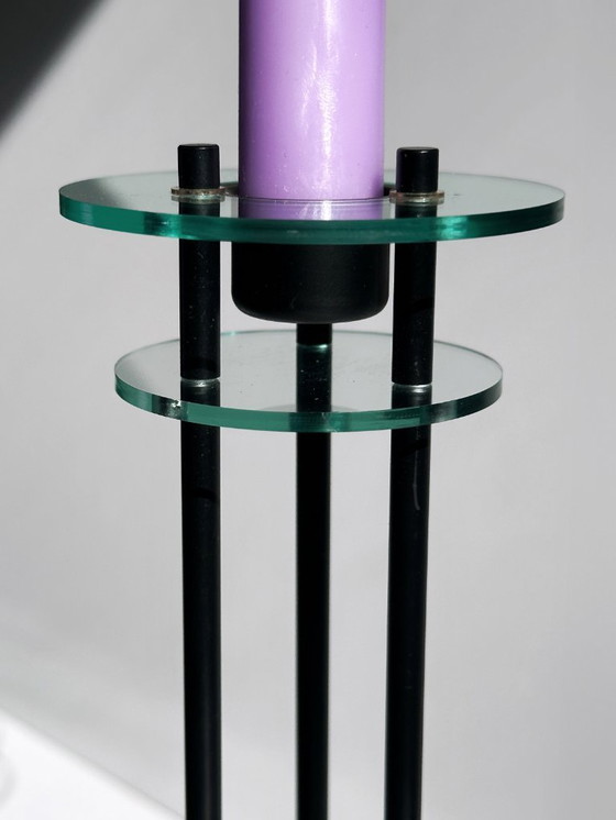 Image 1 of Milano Series Design 80er Art Deco Revival Kerzenständer Postmodern Marmor Grün Paar Set Metall Schwarz Glas Kerzenleuchter