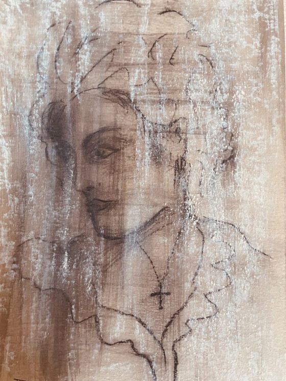 Image 1 of Dibujo a carboncillo, firmado, retrato femenino del siglo XIX