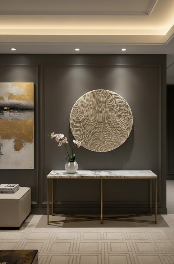 Image 1 of 3D klei wandsculptuur – rond, getextureerd, gebroken wit, minimalistische woondecoratie, luxe designkunst