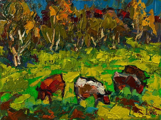 Original Oil Painting Summer Nature Landscape Cows Are Grazing In The Meadow – Paintings & Drawings, Canvas (photo 3 of 8)