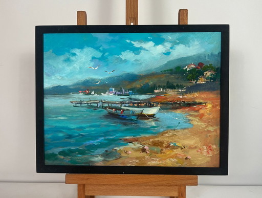 Original Oil Painting Summer Sea Landscape Hidden corner by the sea