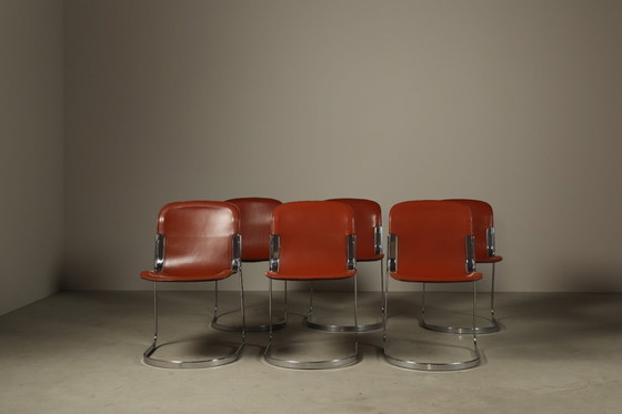 Image 1 of Set of six leather cantilever dining chairs by Willy Rizzo for Cidue, Italy 1970s