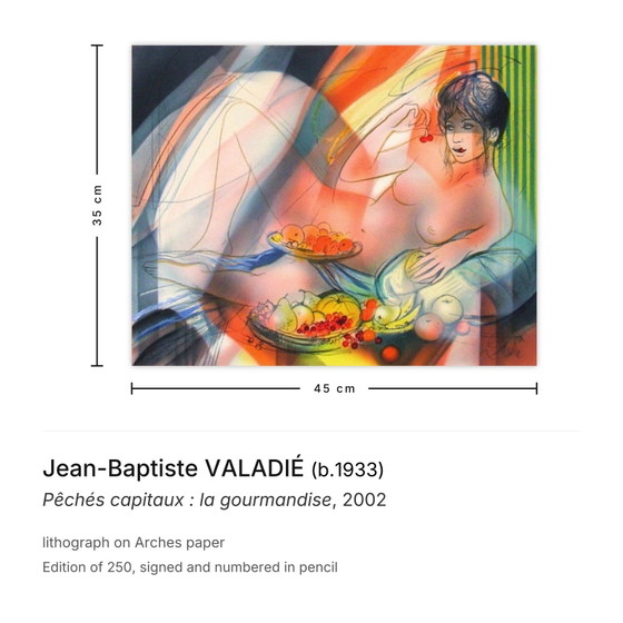 Jean-Baptiste Valadié Signed Lithograph Pêchés Capitaux : La Gourmandise 2002 – Lithographies et sérigraphies (photo 3 of 5)