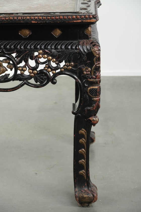 Image 1 of Schitterende niet veel voorkomende kleurrijke antieke Chinese 19e eeuwse houten sidetable/ opiumtafel met een marmeren blad