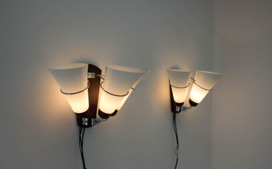 Image 1 of Pair of Minimalist Czechoslovakian Crystal Wall Lamps, 1970s