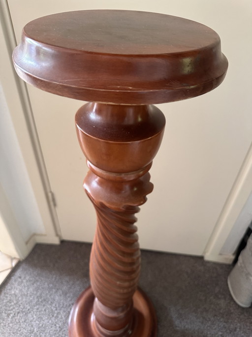 Supporto per piante antico in legno con colonna tornita