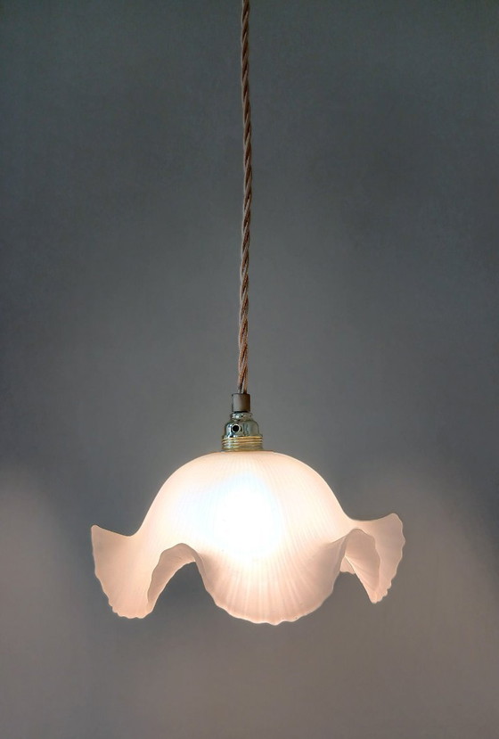 Image 1 of Vintage frosted glass pendant lamp. Floral, wavy shape.