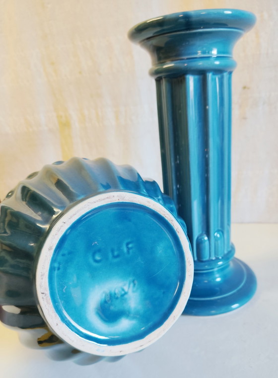 Kolom en wasbak in art-decostijl van blauw geglazuurd keramiek - midden 20e eeuw – Plantenbak, Ceramic (photo 4 of 10)