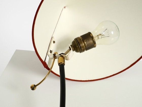 Image 1 of Beautiful, large, original Kalmar Mid-Century Modern tripod brass table lamp with a new fabric shade