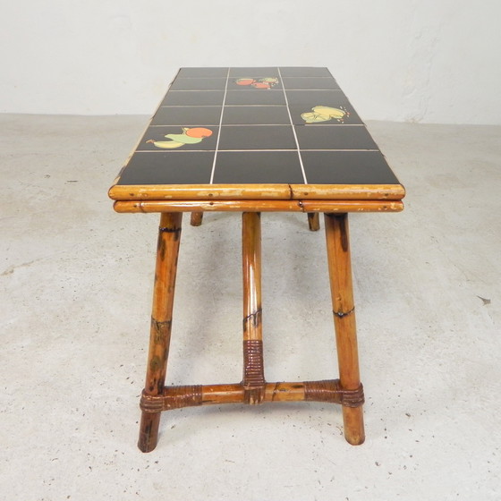 Image 1 of Rattan and bamboo coffee table with tiles, tile table, 1950s
