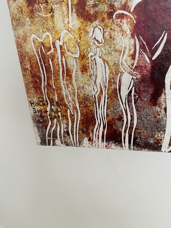 Image 1 of Schilderij  gemaakt op houd met een linoleum print gesigneerd 