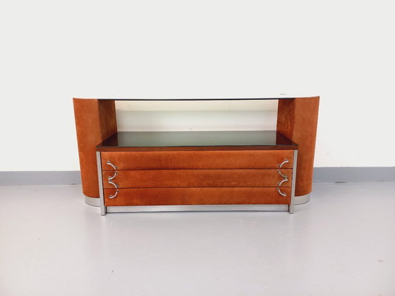 Image 1 of Coiffeuse vintage design italien en velours suédine, chrome, verre fumé et miroir des années 70 80