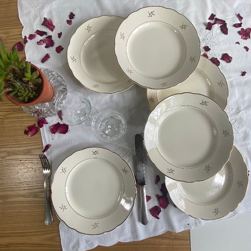 6 piatti da portata antichi in terracotta, colore beige e oro con fiori, Villeroy & Boch