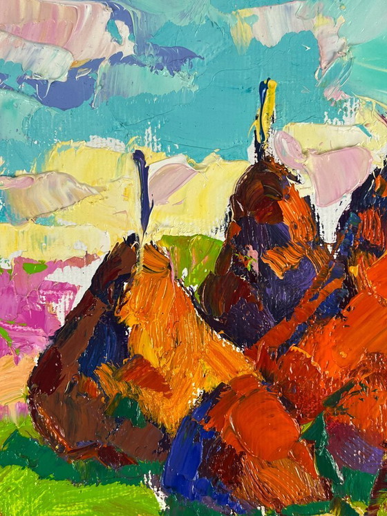 Image 1 of Original Oil Painting Nature Landscape Haystacks in a Field