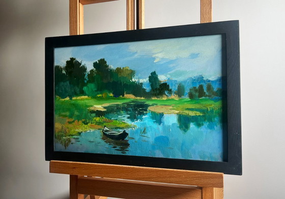 Image 1 of Peinture à l'huile originale représentant un paysage lacustre côtier. Temps chaud idéal pour la pêche.