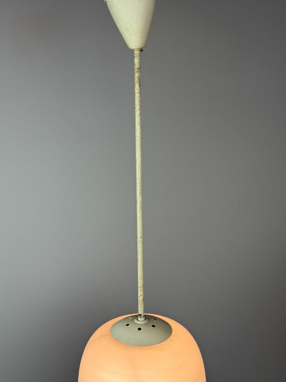 Tall Mid-Century Design Philips Industrial Pendant with Big White Oval Frosted Glass Ball, Netherlands, 1950s (photo 2 of 11)