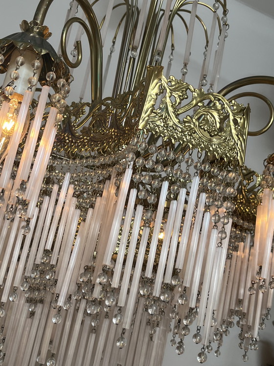 Image 1 of Vintage xl pink opaline rod chandelier pendant lamp art deco style