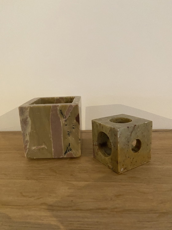 Image 1 of Sturdy vintage marble candlestick in cube shape.