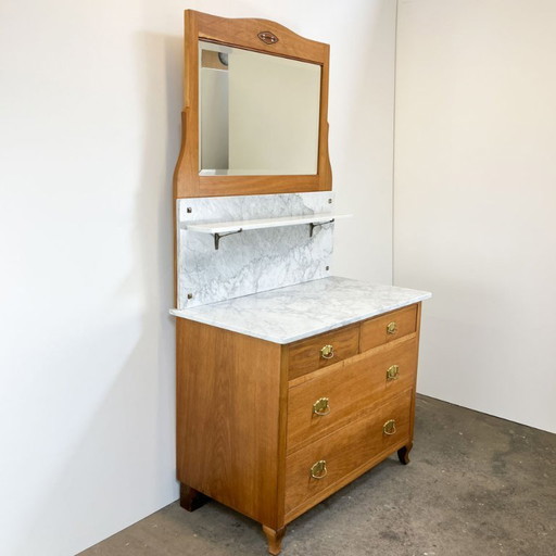 Art Nouveau chest of drawers, washstand with marble and mirror attachment, oak, 1910s