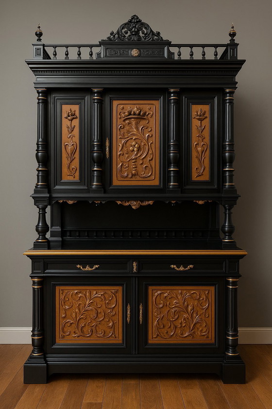 Image 1 of Antique Renaissance Sideboard Cabinet – Solid Wood – Hand-Carved