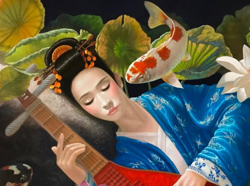 Original Oil Painting Surrealism Japanese Motif Thoughts for a Girl – schilderijen tekeningen, Canvas (photo 2 of 8)