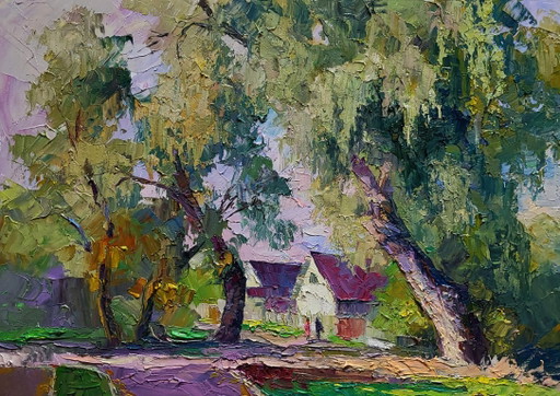 Original Oil Painting Rural Landscape Village Street Willows Near The Yard