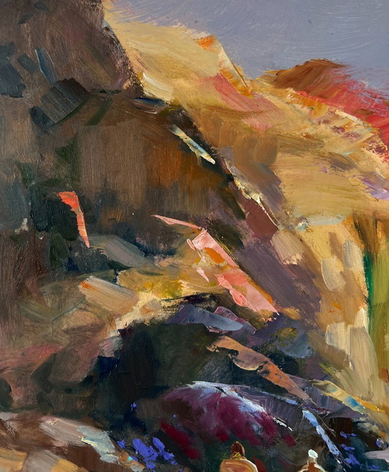 Image 1 of Original Oil Painting Evening Coastal Landscape Fishermen pull their nets into the sea