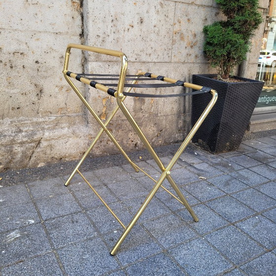 Image 1 of Portavaligie pieghevole per hotel, acciaio placcato oro e tessuto, anni '90 - Francia