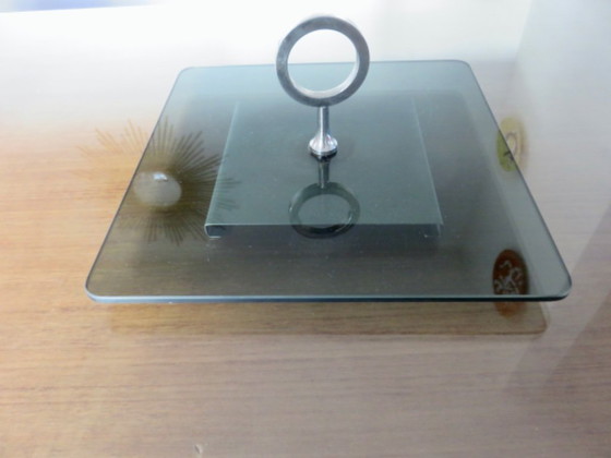 Image 1 of Drehbarer Servierteller im modernistischen Stil aus Rauchglas und versilbertem Metall, 1970er/80er Jahre