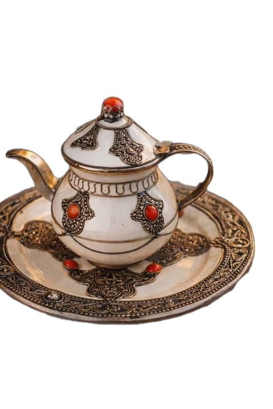 Image 1 of Authentic Moroccan Handcrafted Ceramic & Silver Teapot – Artisanal Collector's Piece