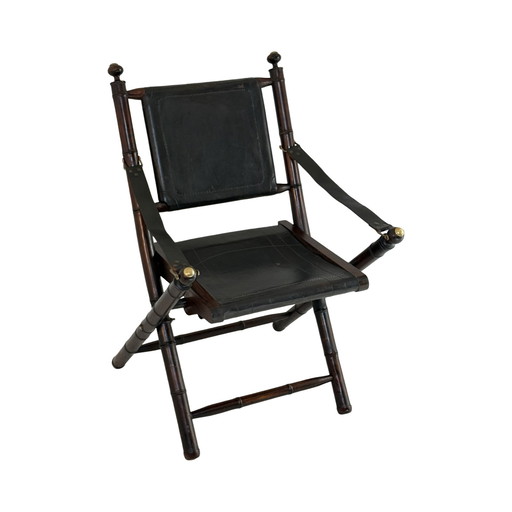 Fauteuil d'officier - revêtement en bois et cuir - style campagne militaire