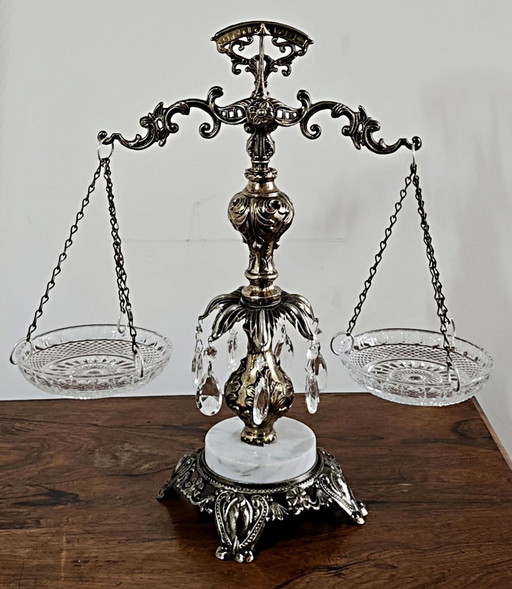 Vintage Hollywood Regency Brass and Crystal Scales of Justice Centerpiece
