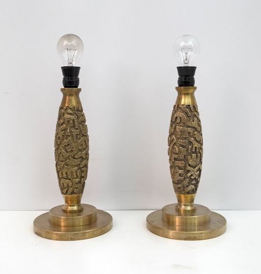 Pair of Luciano Frigerio Mid-Century Modern Italian Bronze Table Lamps, 1970s