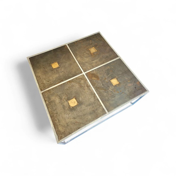 Table basse brutaliste unique des années 80 avec plateaux lourds en métal / cuivre / acier – Livres d'art (photo 4 of 8)