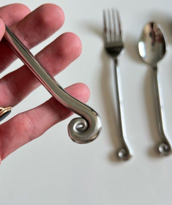 Image 1 of Set di 5 posate in acciaio inox – forma organica a spirale/vortice – stoviglie vintage originali