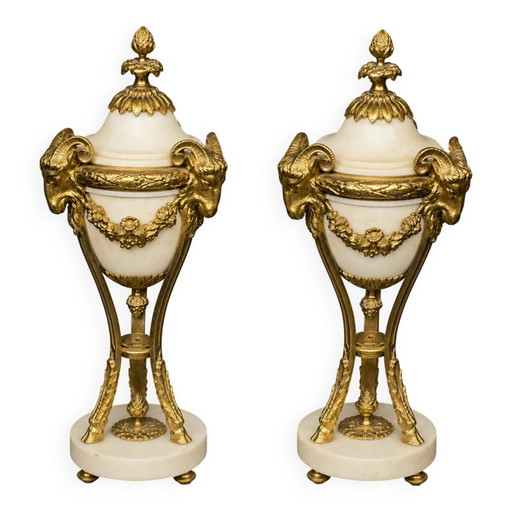 Pair of vases in Louis XVI style. White marble and gilded bronze. – vazen