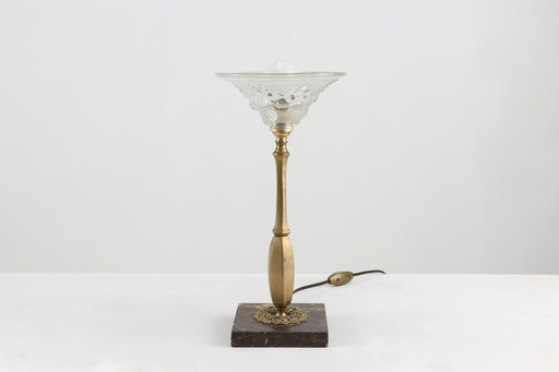 Lampe de table Art Nouveau avec base en laiton et marbre et abat-jour en verre, années 1920