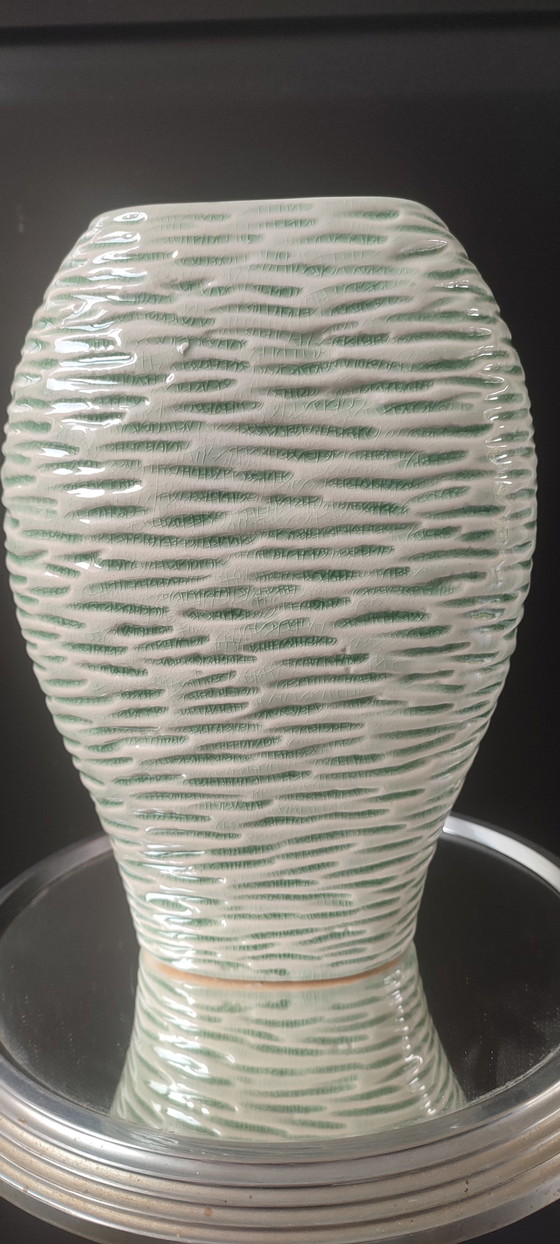 Image 1 of Crackle-glazed ceramic vase from the 1980s-90s with a plant motif

