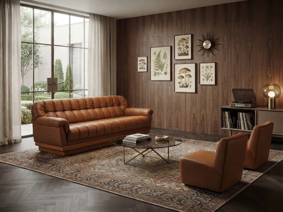Mid-Century Modern Ungarisches getuftetes Ledersofa, 1970er Jahre – Sofagarnitur, Holz, Mid Century Modern (photo 2 of 5)