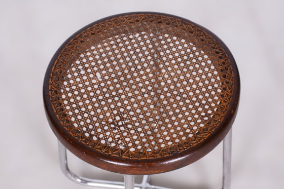 Restored Bauhaus Stool, by Robert Slezák, Chrome, Rattan, Czech, 1930s – Wood (photo 5 of 9)