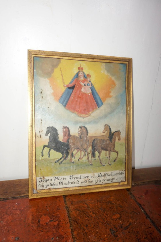 Image 1 of antique votive plaque 1842 * mary and child with horses * hand painted ex voto * horse folk art