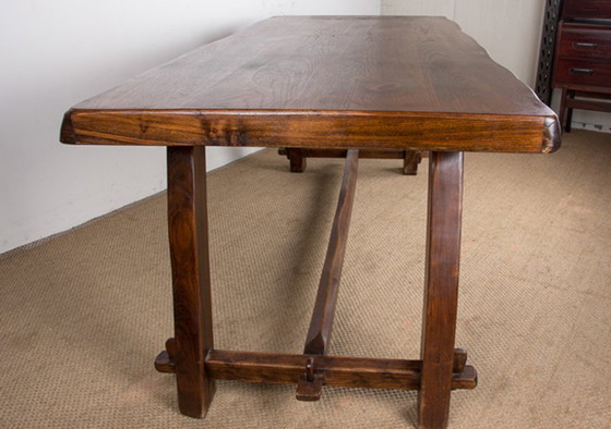 Image 1 of Large Brutalist style dining table, farmhouse style, in solid elm in the style of Olavi Hanninen 1960.