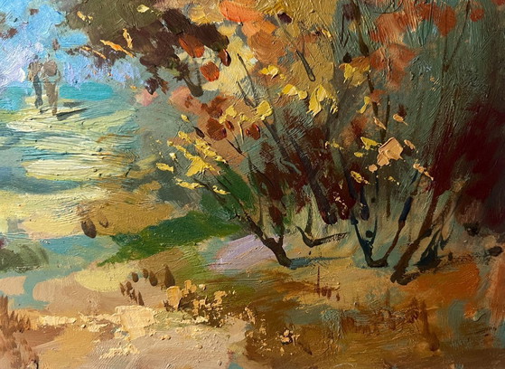 Image 1 of Peinture à l'huile originale, paysage forestier d'automne, promenade en forêt d'automne